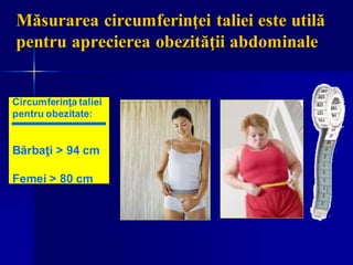 Măsurarea circumferinţei taliei este utilă
pentru aprecierea obezităţii abdominale
Circumferinţa taliei
pentru obezitate:
Bărbaţi > 94 cm
Femei > 80 cm
 