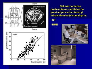 Cel mai corect se
poate măsura cantitatea de
ţesut adipos subcutanat şi
intraabdominal(visceral) prin:
• CT
• RMN
 