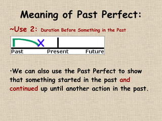 Meaning of Past Perfect: ~Use 2:  Duration Before Something in the Past We can also use the Past Perfect to show that something started in the past  and continued  up until another action in the past.   