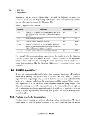 22 CHAPTER 2
Getting started
Subversion URL is a protocol followed by a path with the following notation: pro-
tocol:///absolute/path. Depending on how you access your repository, you will
use one of the protocols described in table 2.1.
For example, if you are accessing a repository on the local system in the directory
/repos/testrepo, your URL would be file:///repos/testrepo. If the local host-
name is Pluto and you are accessing the same repository over the network, it
would look something like the following URL: http://pluto.domain.com/repos/
testrepo.
2.3 Creating a repository
Before you can start working with Subversion, you need a repository. If you have
access to an existing one, great; if this is not the case, don’t worry. Creating a
repository is a surprisingly simple task in Subversion once you understand the
basics of permissions and where the repository should be located. When you cre-
ate a repository, all of the databases and configurations will be set up for you. Also,
if you are creating one just for trying out some of the commands and concepts we
will be discussing, getting the permissions and details is not critical. Once you are
ready to create a production repository, the specifics we will be talking about
come into play.
2.3.1 Finding a location for the repository
The first step to creating a repository is finding a place for it to reside. All reposi-
tories reside on local filesystems; they can be accessed locally or over one of the
Table 2.1 Repository access protocols
Protocol Description Authentication Port
http Uses the http protocol to access an Apache web server
with WEBDav/DeltaV pointing to the Subversion repository
filesystem
Yes 80
file Accesses a local filesystem No NA
svn Uses the custom Subversion protocol Yes 3690
https Uses the https (http + SSL encryption) protocol to
access an Apache web server with WEBDav/DeltaV point-
ing to the Subversion repository filesystem
Yes 443
svn+ssh Uses the custom Subversion protocol but with SSH Yes 3690
Licensed to <null>
 