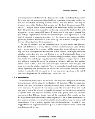 Creating a repository 23
network protocols listed in table 2.1. Repositories can be created anywhere on the
local host with one exception; they should not be created or accessed on directo-
ries that are shared, including Windows shares, NFS, and Samba. You may be
tempted to try this, thinking that you can use the local filesystem access URL
(file://) and just mount it on a network share. Remember, Subversion uses Ber-
keley DB as the filesystem store; the way locking works in the database does not
support access over a shared filesystem. If you try this, it may appear to work, but
you will get unpredictable results and eventually put your repository in a bad
state. If you need to access the repository over the network, you can use one of the
protocols provided. Information to set these up can be found in chapter 7; for
now we will use just local filesystem access.
Be sure the directory you use has enough space for the source code plus the
back end. Subversion is a very efficient version control system in terms of disk
space, but the size of the repository will be bigger than just the files you are load-
ing. The size will depend on factors such as the number of changes, metadata
attached to the files, and how your logging is set up. Unfortunately, there is no
formula you can use to determine the amount of space needed. As you add con-
tent to the files and change logs, the filesystem will grow. The good news is that
this will grow by only the size of the change, so it is more efficient than storing
entire copies of files. Once you know where you want your repository, you will
need to create the subdirectory for it. There is no standard or rule to the naming
of the repository path. From here on, we will use /repos as the directory all Sub-
version repositories will be placed in. If you want your repository to be called
testrepo, simply create the subdirectory /repos/testrepo.
2.3.2 Permissions
The method or protocol you use to access your repository will guide you in how
the permissions will be set up for the Berkeley DB filesystem. While the examples
will be in a Linux environment, the same concepts apply to a repository on a Win-
dows machine. No matter if your users access the repository from the local
machine or one of the network protocols, you should have the directory owned by
a “system” user. You may want to create a user and a group called svn, or some
derivative of that. This user should create all the repositories. You can also use this
ID to perform administrative tasks on the repository. Even if there are only one or
two users on a system, you should stick to this practice. If you keep the owner and
administrator of the repository separate from the day-to-day users, the risk of caus-
ing problems will be greatly decreased. Just as in a UNIX environment, you should
not do your work as root.
Licensed to <null>
 