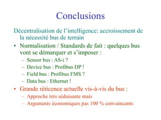 Conclusions
Décentralisation de l’intelligence: accroissement de
la nécessité bus de terrain
• Normalisation / Standards de fait : quelques bus
vont se démarquer et s’imposer :
– Sensor bus : AS-i ?
– Device bus : Profibus DP !
– Field bus : Profibus FMS ?
– Data bus : Ethernet !
• Grande réticence actuelle vis-à-vis du bus :
– Approche très séduisante mais
– Arguments économiques pas 100 % convaincants
 