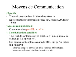Moyens de Communication
Objectifs:
• Transmission rapide et fiable de bits (0 ou 1)
• représentant de l’information codée (ex. codage ASCII sur
7 bits)
Types de communication:
• Communication parallèle ou série
1. Communications parallèles
• Tous les bits sont transmis en parallèle à l’aide d’autant de
canaux (« fils ») binaires.
• Ces canaux sont exploités en mode BUS, càd qu ’un même
fil peut servir
– à tour de rôle pour un transfert entre éléments différents (ex.
processeur-mémoire, interface-mémoire, … etc)
 