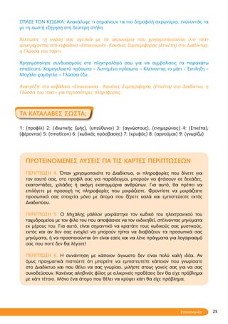 25
ΣΠΑΣΕ ΤΟΝ ΚΩΔΙΚΑ: Ανακάλυψε τι σημαίνουν τα πιο δημοφιλή ακρωνύμια, ενώνοντάς τα
με τη σωστή εξήγηση στη δεύτερη στήλη.
Βελτιώστε τη γνώση σας σχετικά με τα ακρωνύμια που χρησιμοποιούνται στο τσατ
ανατρέχοντας στο κεφάλαιο «Επικοινωνία - Κανόνες Συμπεριφοράς (Ετικέτα) στο Διαδίκτυο,
η Γλώσσα του τσατ».
Χρησιμοποίησε συνδυασμούς στο πληκτρολόγιό σου για να συμβολίσεις τα παρακάτω
emoticons: Χαμογελαστό πρόσωπο – Λυπημένο πρόσωπο – Κλείνοντας το μάτι – Έκπληξη –
Μεγάλο χαμόγελο – Γλώσσα έξω.
Ανατρέξτε στο κεφάλαιο «Επικοινωνία - Κανόνες Συμπεριφοράς (Ετικέτα) στο Διαδίκτυο, η
Γλώσσα του τσατ» για περισσότερες πληροφορίες.
ΤΑ ΚΑΤΑΛΑΒΕΣ ΣΩΣΤΑ;
1: (προφίλ) 2: (ιδιωτικής ζωής), (υπεύθυνοι) 3: (αγνώστους), (ενημερώνεις) 4: (Ετικέτα),
(φέρονται) 5: (emoticon) 6: (κωδικός πρόσβασης) 7: (κρυφός) 8: (αρνούμαι) 9: (γνωρίζω)
Προτεινόμενες λύσεις για τις κάρτες περιπτώσεων
ΠΕΡΙΠΤΩΣΗ 4. Όταν χρησιμοποιείτε το Διαδίκτυο, οι πληροφορίες που δίνετε για
τον εαυτό σας, στο προφίλ σας για παράδειγμα, μπορούν να φτάσουν σε δεκάδες,
εκατοντάδες, χιλιάδες ή ακόμη εκατομμύρια ανθρώπων. Για αυτό, θα πρέπει να
επιλέγετε με προσοχή τις πληροφορίες που μοιράζεστε. Φροντίστε να μοιράζεστε
προσωπικά σας στοιχεία μόνο με άτομα που ξέρετε καλά και εμπιστεύεστε εκτός
Διαδικτύου.	
ΠΕΡΙΠΤΩΣΗ 5. Ο Μιχάλης μάλλον μοιράστηκε τον κωδικό του ηλεκτρονικού του
ταχυδρομείου με τον φίλο του που αποφάσισε να τον εκδικηθεί, στέλνοντας μηνύματα
εκ μέρους του. Για αυτό, είναι σημαντικό να κρατάτε τους κωδικούς σας μυστικούς,
εκτός και αν δεν σας ενοχλεί να μπορούν τρίτοι να διαβάζουν τα προσωπικά σας
μηνύματα, ή να προσποιούνται ότι είναι εσείς και να λένε πράγματα για λογαριασμό
σας που ποτέ δεν θα λέγατε! 	
ΠΕΡΙΠΤΩΣΗ 6. Η συνάντηση με κάποιον άγνωστο δεν είναι πολύ καλή ιδέα. Αν
όμως πραγματικά πιστεύετε ότι μπορείτε να εμπιστευτείτε κάποιον που γνωρίσατε
στο Διαδίκτυο και που θέλει να σας γνωρίσει, μιλήστε στους γονείς σας για να σας
συνοδεύσουν. Κανένας αληθινός φίλος με ειλικρινείς προθέσεις δεν θα είχε πρόβλημα
με κάτι τέτοιο. Μόνο ένα άτομο που θέλει να κρύψει κάτι θα είχε πρόβλημα.
Επικοινωνία
 