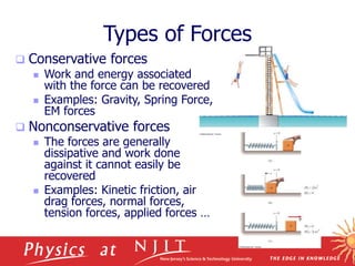 November 3, 2008
Types of Forces
 Conservative forces
 Work and energy associated
with the force can be recovered
 Examples: Gravity, Spring Force,
EM forces
 Nonconservative forces
 The forces are generally
dissipative and work done
against it cannot easily be
recovered
 Examples: Kinetic friction, air
drag forces, normal forces,
tension forces, applied forces …
 