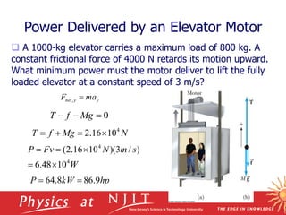 November 3, 2008
 A 1000-kg elevator carries a maximum load of 800 kg. A
constant frictional force of 4000 N retards its motion upward.
What minimum power must the motor deliver to lift the fully
loaded elevator at a constant speed of 3 m/s?
Power Delivered by an Elevator Motor
y
y
net ma
F 
,
0


 Mg
f
T
N
Mg
f
T 4
10
16
.
2 



W
s
m
N
Fv
P
4
4
10
48
.
6
)
/
3
)(
10
16
.
2
(





hp
kW
P 9
.
86
8
.
64 

 