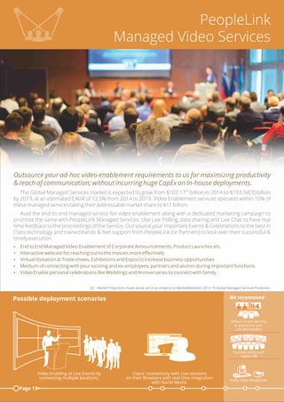 PeopleLink
Managed Video Services
Outsource your ad-hoc video enablement requirements to us for maximizing productivity
& reach of communication; without incurring huge CapEx on In-house deployments.
[3]
The Global Managed Services market is expected to grow from $107.17 billion in 2014 to $193.34[3] billion
by 2019, at an estimated CAGR of 12.5% from 2014 to 2019. Video Enablement services operates within 10% of
these managed services taking their addressable market share to $11 billion.
Avail the end to end managed service for video enablement along with a dedicated marketing campaign to
promote the same with PeopleLink Managed Services. Use Live Polling, data sharing and Live Chat to have real
time feedback to the proceedings of the Service. Out source your Important Events & Celebrations to the best in
Class technology and trained hands & feet support from PeopleLink (or Partners) to look over their successful &
timely execution.
Ÿ End to End Managed Video Enablement of Corporate Announcements, Product Launches etc.
Ÿ Interactive webcast for reaching out to the masses more eﬀectively
Ÿ Virtual Visitation at Trade shows, Exhibitions and Expos to increase business opportunities
Ÿ Medium of connecting with your existing and ex-employees, partners and alumni during important functions.
Ÿ Video Enable personal celebrations like Weddings and Anniversaries to connect with family.
[3] - Market Projections made above are in accordance to Market&Market’s 2014-19 Global Managed Services Prediction.
Page 13
Possible deployment scenarios
Users' connectivity with Live sessions
on their Browsers with real time integration
with Social Media.
Video Enabling of Live Events by
connecting multiple locations.
Military Grade Security
& operations over
Low Bandwidths
We recommend :
Interoperability with
Legacy HW
Audio Video Peripherals
 