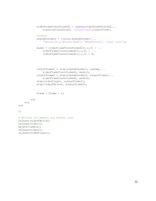 videoFrameTransformed2 = imwarp(videoFrameScaled2,...
trackingTransform2, 'OutputView',outputView);
%Insert
alphaBlender2 = vision.AlphaBlender(...
'Operation','Binary mask', 'MaskSource', 'Input port');
mask2 = videoFrameTransformed2(:,:,1) | ...
videoFrameTransformed2(:,:,2) | ...
videoFrameTransformed2(:,:,3) > 0;
outputFrame1 = step(alphaBlender1, camImg,...
videoFrameTransformed1, mask1);
outputFrame2 = step(alphaBlender2, outputFrame1,...
videoFrameTransformed2, mask2);
step(videoPlayer, outputFrame2);
step(videoFWriter, outputFrame2);
Frame = Frame + 1;
end
end
end
%%
% Release all memory and buffer used
release(videoFWriter)
release(video1);
delete(camera);
release(video2);
release(videoPlayer);
32
 