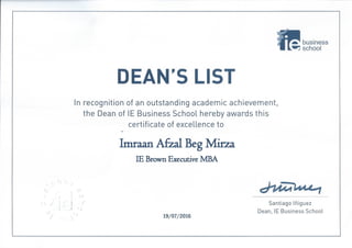 IE MBA Deans List Certificate