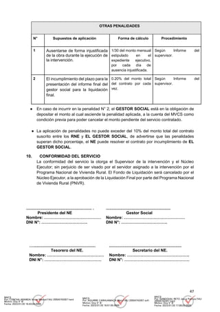 47
OTRAS PENALIDADES
N° Supuestos de aplicación Forma de cálculo Procedimiento
1 Ausentarse de forma injustificada
de la obra durante la ejecución de
la intervención.
1/30 del monto mensual
estipulado en el
expediente ejecutivo,
por cada día de
ausencia injustificada.
Según Informe del
supervisor.
2 El incumplimiento del plazo para la
presentación del informe final del
gestor social para la liquidación
final.
0.20% del monto total
del contrato por cada
vez.
Según Informe del
supervisor.
● En caso de incurrir en la penalidad N° 2, el GESTOR SOCIAL está en la obligación de
depositar el monto al cual asciende la penalidad aplicada, a la cuenta del MVCS como
condición previa para poder cancelar el monto pendiente del servicio contratado.
● La aplicación de penalidades no puede exceder del 10% del monto total del contrato
suscrito entre los RNE y EL GESTOR SOCIAL, de advertirse que las penalidades
superan dicho porcentaje, el NE puede resolver el contrato por incumplimiento de EL
GESTOR SOCIAL.
10. CONFORMIDAD DEL SERVICIO
La conformidad del servicio la otorga el Supervisor de la intervención y el Núcleo
Ejecutor; sin perjuicio de ser visado por el servidor asignado a la intervención por el
Programa Nacional de Vivienda Rural. El Fondo de Liquidación será cancelado por el
Núcleo Ejecutor, a la aprobación de la Liquidación Final por parte del Programa Nacional
de Vivienda Rural (PNVR).
.......................................................... . .........................................................
Presidente del NE Gestor Social
Nombre: …………………………………… Nombre: ………………………………………
DNI N°: ……………………………. DNI N°: …………………………….
….......................................................
Tesorero del NE.
Nombre: ……………………………………
DNI N°: ……………………………………
................................................................
Secretario del NE.
Nombre: ……………………………………….
DNI N°: …………………………………………
MVCS
Por: CONCHA ARANDA Victor Manuel FAU 20504743307 hard
Motivo: Doy V° B°
Fecha: 2023/01/20 16:43:04-0500
MVCS
Por: AGUIRRE CARHUAMACA Mery FAU 20504743307 soft
Motivo: Doy V° B°
Fecha: 2023/01/20 16:51:55-0500
MVCS
Por: SANDOVAL RETO Jesus Patricia FAU
20504743307 hard
Motivo: Doy V° B°
Fecha: 2023/01/20 17:08:03-0500
 