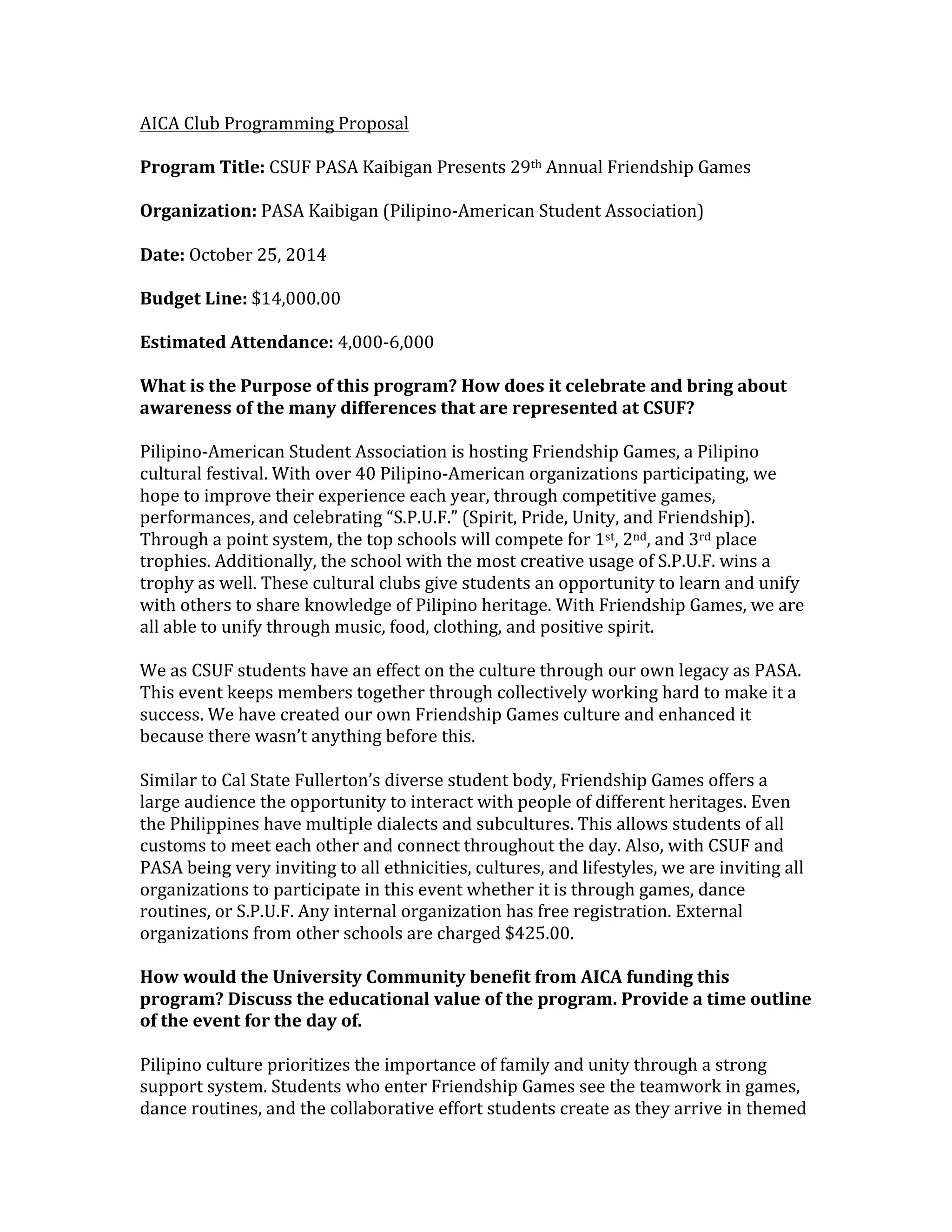 2014 Friendship Games Proposal | PDF