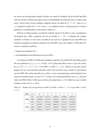 um canal com desvanecimento rápido e ﬁzemos um estudo de condições iniciais do BW para MA
com dois estados. Portanto, pressupõe-se que as probabilidades de transições entre os estados sejam
baixas. Dessa forma, foram escolhidas condições iniciais na ordem de 10−2
e 10−3
para Q, q, ξ
e α enquanto na ordem de 0, 1 à 0, 5 para β. As condições iniciais convergiram para os mesmos
parâmetros, o resultado pode ser observado na Tabela 4.1.
Veriﬁcou-se robustez quanto a escolha das condições iniciais. Em ambos os casos, consideramos
80 iterações para o BW e sequências de erro de tamanho N = 107
. A validação dos modelos
estimados na Tabela 4.1, bem como a escolha de um valor de K apropriado para cada SNR, será
realizada comparando-se algumas estatísticas do canal DFC com as dos modelos K-NM. Para isto,
usamos as seguintes estatísticas.
◃ Função autocorrelação R[m].
◃ A probabilidade de decodiﬁcação sem sucesso PCE.
As estatísticas do DFC são obtidas por simulação, enquanto as do modelo MA são obtidas a partir
dos seus parãmetros, Q, q, ϵ, α e β. As Figs. 4.3-4.5 apresentam R[m] versus m para três valores
de fDT (10−2
, 5 × 10−3
e 10−3
) com SNR = 10 dB e δ = 0, 15. Observa-se que para valores
pequenos de m, a autocorrelação apresenta valores mais elevados e que o modelo se aproxima da
curva do DFC. Para valores elevados de m, todas as curvas convergem para a autocorrelação de um
canal sem memória binário, ou seja, P(1)2
. As Figs. 4.6-4.8 apresentam PCE versus dmin para dois
valores de SNR (10 dB e 15 dB), para um bloco de comprimento n = 127. Observa-se que o modelo
comporta-se bem com dmin até 25.
Tabela 4.1: Modelos MA que aproximam um DFC com SNR = 10 dB e δ = 0, 15 e para SNR = 15 dB e
δ = 0, 1.
SNR fDT Q q ξ α β
0.01 0.013429 0.072747 0.004052 0.308841 0.045709
10dB 0.005 0.006896 0.034302 0.004759 0.286276 0.043467
0.001 0.001753 0.007742 0.006009 0.253243 0.038668
0.01 0.007901 0.125290 0.000748 0.345777 0.030705
15dB 0.005 0.004053 0.056376 0.000874 0.305105 0.027165
0.001 0.000926 0.010771 0.001240 0.255875 0.023054
31
 