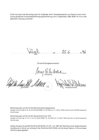 Er/Sie hat damit die Berechtigungen für Abganger elner Handelsakademie zum Besuch einer Hoch
schule gemaB der Universitatsberechtigungsverordnung vom 5. September 1988, BGBI. Nr. 510 in der
geltenden Fassung, erworben.
19%.
Für die Prüfungskommission:
4....,.
Vorsitzender
vr: Schulleiter , Siegel Jahrgangsvorstand
Berechtigungen auf Grund des Berufsausbildungsgesetzes:
Geregelt auf Grund § 23, 28, 29 und 34a BAG (BGBI. Nt. 23/1993 vom 14. ]änner 1993) sowie der zum § 28 BAG erlassenen
Verordnungen.
Berechtigungen auf Grund der Gewerbeordnung 1973:
Geregelt auf Grund § 18, 19, 21 und 154 GewO (BGBI. Nt. 194/1994 vom 18. März 1994) sowie der zur GewO erlassenen
Verordnungen.
Dieses Zeugnis 1st gemäB Richtlinie 95/43/EG vom 20. Juli 1995 der Nachweis einer reglementierten
Ausbildung im Sinne von Anhang D der Richtlinie 92/51/EWG und 1st einem Diplom im Sinne dieser
Richtlinie gleichgestellt.
 