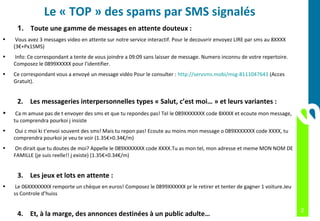 Le « TOP » des spams par SMS signalés
     1. Toute une gamme de messages en attente douteux :
•    Vous avez 3 messages video en attente sur notre service interactif. Pour le decouvrir envoyez LIRE par sms au 8XXXX
    (3€+Px1SMS)
•   Info: Ce correspondant a tente de vous joindre a 09:09 sans laisser de message. Numero inconnu de votre repertoire.
    Composez le 0899XXXXX pour l'identifier.
•   Ce correspondant vous a envoyé un message vidéo Pour le consulter : http://servsms.mobi/msg-8111047643 (Acces
    Gratuit).


     2. Les messageries interpersonnelles types « Salut, c’est moi… » et leurs variantes :
•    Ca m amuse pas de t envoyer des sms et que tu repondes pas! Tel le 089XXXXXXX code 8XXXX et ecoute mon message,
    tu comprendra pourkoi j insiste
•    Oui c moi ki t'envoi souvent des sms! Mais tu repon pas! Ecoute au moins mon message o 089XXXXXXX code XXXX, tu
    comprendra pourkoi je veu te voir (1.35€+0.34€/m)
•   On dirait que tu doutes de moi? Appelle le 089XXXXXXX code XXXX.Tu as mon tel, mon adresse et meme MON NOM DE
    FAMILLE (je suis reelle!! j existe) (1.35€+0.34€/m)


     3. Les jeux et lots en attente :
•    Le 06XXXXXXXX remporte un chèque en euros! Composez le 0899XXXXXX pr le retirer et tenter de gagner 1 voiture.Jeu
    ss Controle d’huiss

                                                                                                                           2
     4. Et, à la marge, des annonces destinées à un public adulte…
 