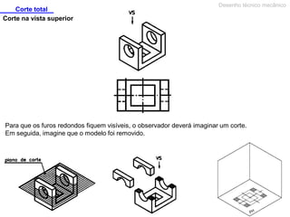 Corte total
Desenho técnico mecânico
Corte na vista superior
Para que os furos redondos fiquem visíveis, o observador deverá imaginar um corte.
Em seguida, imagine que o modelo foi removido.
 