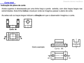 Corte total
Desenho técnico mecânico
Indicação do plano de corte
Avista superior é atravessada por uma linha traço e ponto estreita, com dois traços largos nas
extremidades. Esta linha indica o local por onde se imaginou passar o plano de corte.
As setas sob os traços largos indicam a direção em que o observador imaginou o corte.
Outro exemplo:
 