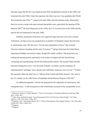 24
historians argue that the first wave began around 1850, strengthened sometime in the 1880s, and
lasted until the mid-1920s. Under this argument, the follow-up wave “rose gradually after World
War II until the mid-1970s,”87
surged in the mid-1990s, and still continues today. Historically,
these two waves overlap with major national and global events, particularly the opening of Ellis
Island in 1892,88
the Great Depression in the 1930s, the U.S.-involved wars of the 1950s and 60s,
and the fall of Communism in the early 1990s.
Similarly, proponents of the three-wave approach argue that their waves also coincide
with history, yet these waves are grouped more on numbers of immigrant origins than the times
at which people came. The first wave “was the mass importation of slaves” that occurred
“between America's founding and the early 19 century,”89
during which time the United States
experienced multiple wars and less major, though still violent, conflicts. This period also saw
widespread national growth, particularly in the realms of religion with the Second Great
Awakening and manufacturing with the first Industrial Revolution. The second of these broadly
historical immigration waves “was the result of famine, revolution, and the emergence of
industrialization” and began “just a decade and a half before America's own civil war.”90
Finally,
this argument relates the third wave to “laborers from Central and South America” who came to
the U.S. namely via the 1848 Treaty of Guadalupe and the Bracero Program (1942-64).91
An additional argument—and the one proposed for the exploration of ‘moral panic’ and
immigration here—is that immigration to the United States occurred in four recognizable waves.
87
Williamson, Jeffrey G. "Global Migration." Finance & Development. International Monetary Fund, Sept. 2006.
Web. 13 Mar. 2015.
88
Toppo, Greg, and Paul Overburg. "Second Immigration Wave Lifts Diversity to Record High." USA Today.
Gannett, 21 Oct. 2014. Web. 12 Mar. 2015.
89
Waggoner, Luke. "Immigration Reform 2013: 3 Waves Of Immigration That Changed America." Mic. Policy.Mic,
28 May 2013. Web. 13 Mar. 2015.
90
Waggoner.
91
Waggoner.
 