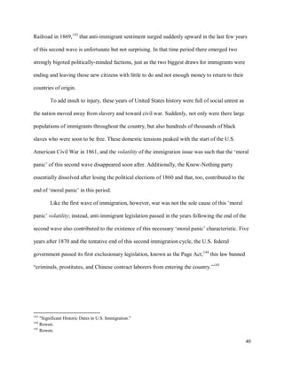 40
Railroad in 1869,143
that anti-immigrant sentiment surged suddenly upward in the last few years
of this second wave is unfortunate but not surprising. In that time period there emerged two
strongly bigoted politically-minded factions, just as the two biggest draws for immigrants were
ending and leaving those new citizens with little to do and not enough money to return to their
countries of origin.
To add insult to injury, these years of United States history were full of social unrest as
the nation moved away from slavery and toward civil war. Suddenly, not only were there large
populations of immigrants throughout the country, but also hundreds of thousands of black
slaves who were soon to be free. These domestic tensions peaked with the start of the U.S.
American Civil War in 1861, and the volatility of the immigration issue was such that the ‘moral
panic’ of this second wave disappeared soon after. Additionally, the Know-Nothing party
essentially dissolved after losing the political elections of 1860 and that, too, contributed to the
end of ‘moral panic’ in this period.
Like the first wave of immigration, however, war was not the sole cause of this ‘moral
panic’ volatility; instead, anti-immigrant legislation passed in the years following the end of the
second wave also contributed to the existence of this necessary ‘moral panic’ characteristic. Five
years after 1870 and the tentative end of this second immigration cycle, the U.S. federal
government passed its first exclusionary legislation, known as the Page Act;144
this law banned
“criminals, prostitutes, and Chinese contract laborers from entering the country.”145
143
"Significant Historic Dates in U.S. Immigration."
144
Rowen.
145
Rowen.
 