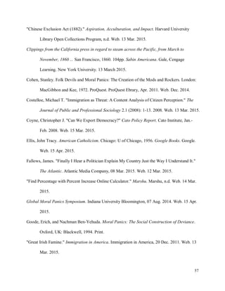 57
"Chinese Exclusion Act (1882)." Aspiration, Acculturation, and Impact. Harvard University
Library Open Collections Program, n.d. Web. 13 Mar. 2015.
Clippings from the California press in regard to steam across the Pacific, from March to
November, 1860 ... San Francisco, 1860. 104pp. Sabin Americana. Gale, Cengage
Learning. New York University. 13 March 2015.
Cohen, Stanley. Folk Devils and Moral Panics: The Creation of the Mods and Rockers. London:
MacGibbon and Kee, 1972. ProQuest. ProQuest Ebrary, Apr. 2011. Web. Dec. 2014.
Costelloe, Michael T. "Immigration as Threat: A Content Analysis of Citizen Perception." The
Journal of Public and Professional Sociology 2.1 (2008): 1-13. 2008. Web. 13 Mar. 2015.
Coyne, Christopher J. "Can We Export Democracy?" Cato Policy Report. Cato Institute, Jan.-
Feb. 2008. Web. 15 Mar. 2015.
Ellis, John Tracy. American Catholicism. Chicago: U of Chicago, 1956. Google Books. Google.
Web. 15 Apr. 2015.
Fallows, James. "Finally I Hear a Politician Explain My Country Just the Way I Understand It."
The Atlantic. Atlantic Media Company, 08 Mar. 2015. Web. 12 Mar. 2015.
"Find Percentage with Percent Increase Online Calculator." Marshu. Marshu, n.d. Web. 14 Mar.
2015.
Global Moral Panics Symposium. Indiana University Bloomington, 07 Aug. 2014. Web. 15 Apr.
2015.
Goode, Erich, and Nachman Ben-Yehuda. Moral Panics: The Social Construction of Deviance.
Oxford, UK: Blackwell, 1994. Print.
"Great Irish Famine." Immigration in America. Immigration in America, 20 Dec. 2011. Web. 13
Mar. 2015.
 
