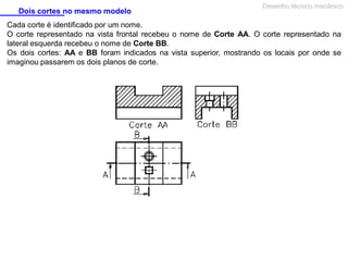 Dois cortes no mesmo modelo

Desenho técnico mecânico

Cada corte é identificado por um nome.
O corte representado na vista frontal recebeu o nome de Corte AA. O corte representado na
lateral esquerda recebeu o nome de Corte BB.
Os dois cortes: AA e BB foram indicados na vista superior, mostrando os locais por onde se
imaginou passarem os dois planos de corte.

 