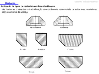 Desenho técnico mecânico

Hachuras
Indicação de tipos de materiais no desenho técnico
•As hachuras podem ter outra inclinação quando houver necessidade de evitar seu paralelismo
com o contorno da secção.

 