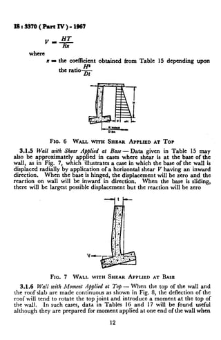 Ist33?0(PwtIv)-1967
x - the coefficient obtained from Table 15 depending upon_-
. H=
the ratroE
Fro. 6 WALL WITH SHEAR APPLIED AT TOP
3.1.5 Wall with Shear Applied at Base - Data given in Table 15 may
also be approximately applied in cases where shear is at the base of the
wall, as in Fig. 7, which illustrates a case in which the base of the wall is
displaced radially by application of a horizontal shear V having an inward
direction. When the base is hinged, the displacement will be zero and the
reaction on wall will be inward in direction. When the base is sliding,
there will be largest possible displacement but the reaction will be zero
FIG. 7 WALL WITH SHEAR APPLIED AT BASE f
3.1.6 Wall with Moment Applied at Top - When the top of the wall and
[
the roof slab are made continuous as shown in Fig. 8, the deflection of the
roof will tend to rotate the top joint and introduce a moment at the top of
1
the wall. In such cases, data in Tables 16 and 17 will be found useful
although they are prepared for moment applied at one end of the wall when >x
12
 