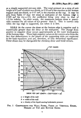 IS : 3370 ( Part IV ) - 1967
as a simply supported one-way slab. The total pressure on a strip of unit
height is 0.5 wa2 ofwhich two-thirds, or 0.33 was is the reaction at the bottom
support and one-thirds, or 0.17 ma2, is the reaction at the top. It may be
seen from Table 17 that the shear at mid-point of the bottom edge is
O-329 was for b/a = 2-0, the coefficient being very close to that of
l/3 for infinity. In other words, the maximum bottom shear is practi-
tally constant for all values of b/a greater than 2. This is correct only
when the top edge is supported, not when it is free.
2.3.3.1 At the corner the shear at the bottom edge is negative and is
numerically greater than the shear at the mid-point. The change from
positive to negative shear occurs approximately at the outer tenth-points
of the bottom edge. These high negative values at the corners arise from the
fact that deformatrons in the planes of the supporting slabs are neglected
in the basic equations and are, therefore, of ‘only theoretical significance,
These shears may be disregarded for checking shear and bond stresses.
/-TOP HINGED
SHEAR PER UNIT LENGTH = COEFFICIENT I wi
a = height of the wall
b = width of the wall
u) = density of the liquid causing hydrostatic pressure
Fm. 1 COEFFICIENTSFOR WALL PANEL, FIXED AT VERTICAL EDGES,
HINGED AT TOP AND BOTTOM EDGES
t
7
 
