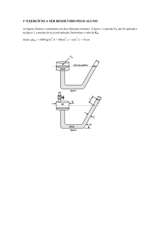1º EXERCÍCIO A SER RESOLVIDO PELO ALUNO
As figuras ilustram o manômetro em dois diferentes instantes. A figura 1 a pressão Par não foi aplicada e
na figura 2, a pressão do ar já está aplicada. Determinar o valor de Par.
Dados: ρH2O = 1000 kg/m
3
, S = 100cm
2
, s = 1cm
2
, L = 10 cm
 