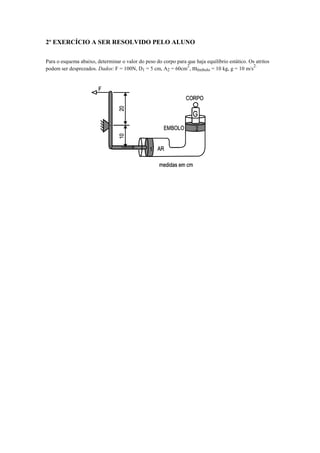 2º EXERCÍCIO A SER RESOLVIDO PELO ALUNO
Para o esquema abaixo, determinar o valor do peso do corpo para que haja equilíbrio estático. Os atritos
podem ser desprezados. Dados: F = 100N, D1 = 5 cm, A2 = 60cm
2
, mêmbolo = 10 kg, g = 10 m/s
2.
 