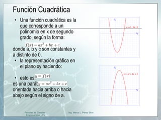 Función Cuadrática Una función cuadrática es la que corresponde a un polinomio en x de segundo grado, según la forma: donde a, b y c son constantes y a distinto de 0. la representación gráfica en el plano xy haciendo: esto es: es una parábola vertical, orientada hacia arriba o hacia abajo según el signo de a. Facultad de Ciencias Empresariales UCV Ing. Marco L. Pérez Silva 