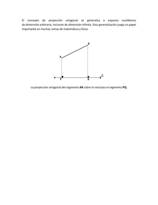 El concepto de proyección ortogonal se generaliza a espacios euclidianos
de dimensión arbitraria, inclusive de dimensión infinita. Esta generalización juega un papel
importante en muchas ramas de matemática y física.
La proyección ortogonal del segmento AB sobre la recta Les el segmento PQ.
 