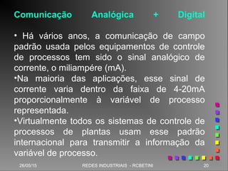 26/05/15 20REDES INDUSTRIAIS - RCBETINI26/05/15 20REDES INDUSTRIAIS - RCBETINI
Comunicação Analógica + Digital
• Há vários anos, a comunicação de campo
padrão usada pelos equipamentos de controle
de processos tem sido o sinal analógico de
corrente, o miliampére (mA).
•Na maioria das aplicações, esse sinal de
corrente varia dentro da faixa de 4-20mA
proporcionalmente à variável de processo
representada.
•Virtualmente todos os sistemas de controle de
processos de plantas usam esse padrão
internacional para transmitir a informação da
variável de processo.
 