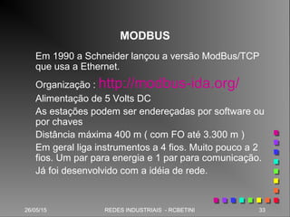 26/05/15 33REDES INDUSTRIAIS - RCBETINI26/05/15 33REDES INDUSTRIAIS - RCBETINI
MODBUS
Em 1990 a Schneider lançou a versão ModBus/TCP
que usa a Ethernet.
Organização : http://modbus-ida.org/
Alimentação de 5 Volts DC
As estações podem ser endereçadas por software ou
por chaves
Distância máxima 400 m ( com FO até 3.300 m )
Em geral liga instrumentos a 4 fios. Muito pouco a 2
fios. Um par para energia e 1 par para comunicação.
Já foi desenvolvido com a idéia de rede.
 