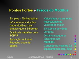 26/05/15 50REDES INDUSTRIAIS - RCBETINI26/05/15 50REDES INDUSTRIAIS - RCBETINI
Pontos Fortes e Fracos do ModBus
Simples – fácil trabalhar
Infra estrutura simples
(rede ModBus mais
simples que a Ethernet)
Opção de trabalhar com
TCP/IP
Aplicação indicada:
Pequena troca de
dados.
Velocidade, se eu tenho
necessidade de
velocidade maior.
Existência de várias
versões.
Distância pequena
(alcanço) sem
repetidor.
Conectar no máximo 32
equipamentos (RS 485)
 
