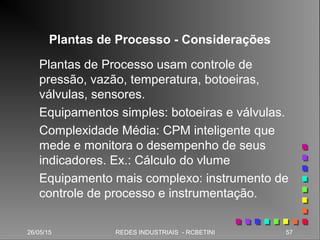 26/05/15 57REDES INDUSTRIAIS - RCBETINI
Plantas de Processo - Considerações
Plantas de Processo usam controle de
pressão, vazão, temperatura, botoeiras,
válvulas, sensores.
Equipamentos simples: botoeiras e válvulas.
Complexidade Média: CPM inteligente que
mede e monitora o desempenho de seus
indicadores. Ex.: Cálculo do vlume
Equipamento mais complexo: instrumento de
controle de processo e instrumentação.
 