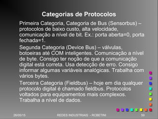 26/05/15 59REDES INDUSTRIAIS - RCBETINI
Categorias de Protocolos
Primeira Categoria, Categoria de Bus (Sensorbus) –
protocolos de baixo custo, alta velocidade,
comunicação a nível de bit. Ex.: porta aberta=0, porta
fechada=1.
Segunda Categoria (Device Bus) – válvulas,
botoeiras até COM inteligentes. Comunicação a nível
de byte. Consigo ter noção de que a comunicação
digital está correta. Usa detecção de erro. Consigo
informar algumas variáveis analógicas. Trabalha com
vários bytes.
Terceira Categoria (Fieldbus) – hoje em dia qualquer
protocolo digital é chamado fieldbus. Protocolos
voltados para equipamentos mais complexos.
Trabalha a nível de dados.
 