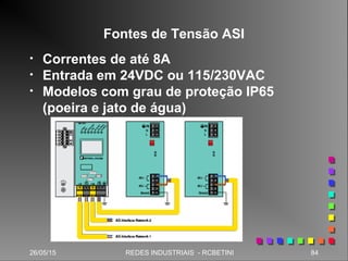 26/05/15 84REDES INDUSTRIAIS - RCBETINI
Fontes de Tensão ASI
• Correntes de até 8A
• Entrada em 24VDC ou 115/230VAC
• Modelos com grau de proteção IP65
(poeira e jato de água)
 