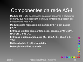26/05/15 85REDES INDUSTRIAIS - RCBETINI
Componentes da rede AS-i
Módulo I/O – são necessários para que sensores e atuadores
comuns, que não possuem o chip AS-i integrado, possam ser
utilizados na rede AS-i.
Módulos para montagem em campo (IP67) e em painel
(IP20)
Entradas Digitais para contato seco, sensores PNP, NPN,
NAMUR, 2 fios DC.
Entradas e saídas analógicas (4… 20mA, 0… 20mA e 0…
10V)
Saídas digitais à relé e transistor
Detecção de falhas na saída
 