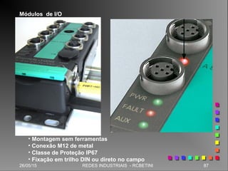 26/05/15 87REDES INDUSTRIAIS - RCBETINI
Módulos de I/O
• Montagem sem ferramentas
• Conexão M12 de metal
• Classe de Proteção IP67
• Fixação em trilho DIN ou direto no campo
 