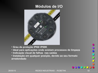 26/05/15 92REDES INDUSTRIAIS - RCBETINI
Módulos de I/O
• Grau de proteção IP68/ IP69K
• Ideal para aplicações onde existam processos de limpeza
• Indicação visual de falhas nas saídas
• Instalação em qualquer posição, devido ao seu formato
arredondado
 