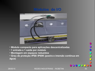 26/05/15 93REDES INDUSTRIAIS - RCBETINI
Módulos de I/O
• Módulo compacto para aplicações descentralizadas
• 1 entrada e 1 saída por módulo
• Montagem em espaços reduzidos
• Grau de proteção IP68/ IP69K (poeira e imersão contínua em
água)
 