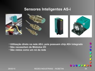 26/05/15 94REDES INDUSTRIAIS - RCBETINI
Sensores Inteligentes AS-i
• Utilização direto na rede AS-I, pois possuem chip AS-I integrado
• Não necessitam de Módulos I/O
• São vistos como um nó da rede
 