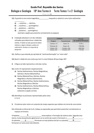 Escola Prof. Reynaldo dos Santos
Biologia e Geologia 10º Ano Turma A Teste Temas 1 e 2 Geologia
P á g i n a | 2
2.2. O granito é uma rocha magmática___________ enquanto o calcário é uma rocha sedimentar
___________ .
a) …..vulcânica …… detrítica.
b) ….vulcânica……..quimiogénica
c) ….plutónica ……detrítica.
d) ….plutónica …..quimiogénica
(assinale a opção que preenche corretamente os espaços)
3. A datação absoluta é um dos métodos
utilizados para determinar a idade das
rochas. A tabela ao lado apresenta dados
relativos a alguns isótopos usados em
radiometria. Analise-a e responda às
perguntas.
3.1. Defina o que entende por período de “semitransformação” ou “semi-vida”.
3.2.Qual é a idade de uma rocha que tem 3 x mais Potássio 40 que Argon 40?
4. A figura ao lado representa o ciclo das rochas.
4.1.I,II,III e IV representam respetivamente:
a) Rochas Sedimentares, Rochas Magmáticas;
Detritos e Rochas Metamórficas
b) Rochas Metamórficas, Detritos, Rochas
Magmática e Rochas Sedimentares
c) Rochas Metamórficas, Rochas Sedimentares,
Rochas Magmática e Detritos
d) Rochas Sedimentares, Rochas Metamórficas,
Rochas Magmáticas e Detritos
(selecione a opção correta)
4.2.Identifique os processos representados pelas setas
2, 3 e 5.
5. O sistemas solar reúne um conjunto de corpos espaciais que orbitam em torno de uma estrela.
5.1.Utilizando as letras de A a D, indique as expressões que permitem preencher corretamente os
espaços em branco:
A hipótese _________________________ tenta explicar a Formação do sistema solar. Segundo esta
teoria, muitas da partículas aglutinaram-se no centro da nuvem e formaram o __________________ .
Os planetas ________________ formaram-se mais próximo do Sol e os planetas ______________
formaram-se numa zona mais distante.
A
B
C
A
D
 
