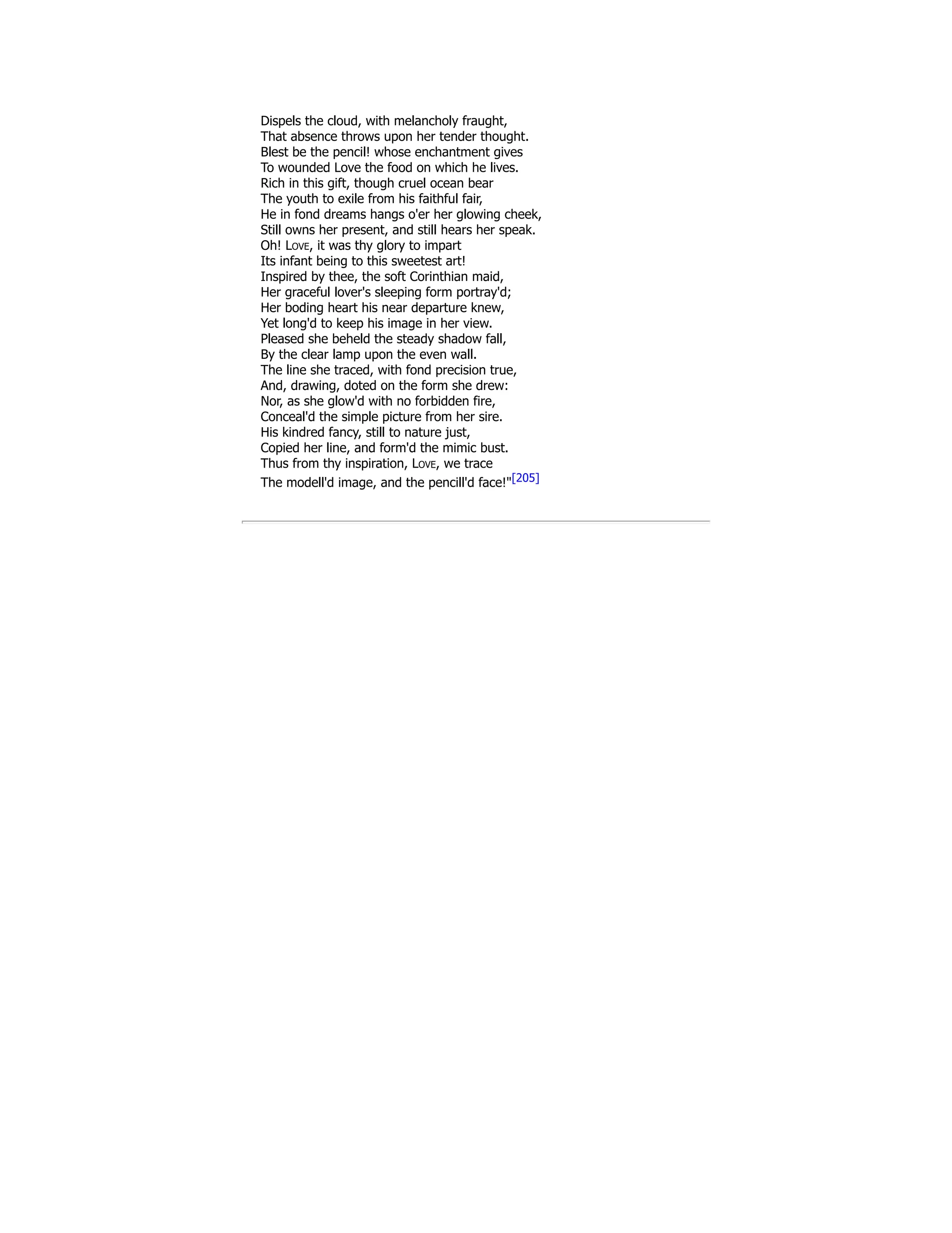 Dispels the cloud, with melancholy fraught,
That absence throws upon her tender thought.
Blest be the pencil! whose enchantment gives
To wounded Love the food on which he lives.
Rich in this gift, though cruel ocean bear
The youth to exile from his faithful fair,
He in fond dreams hangs o'er her glowing cheek,
Still owns her present, and still hears her speak.
Oh! Love, it was thy glory to impart
Its infant being to this sweetest art!
Inspired by thee, the soft Corinthian maid,
Her graceful lover's sleeping form portray'd;
Her boding heart his near departure knew,
Yet long'd to keep his image in her view.
Pleased she beheld the steady shadow fall,
By the clear lamp upon the even wall.
The line she traced, with fond precision true,
And, drawing, doted on the form she drew:
Nor, as she glow'd with no forbidden fire,
Conceal'd the simple picture from her sire.
His kindred fancy, still to nature just,
Copied her line, and form'd the mimic bust.
Thus from thy inspiration, Love, we trace
The modell'd image, and the pencill'd face!"[205]
 