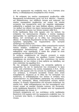από την ημερομηνία της υποβολής τους. Αν η ένσταση γίνει
δεκτή, ο ενδιαφερόμενος αναγράφεται στον πίνακα.

5. Με απόφαση του οικείου νομαρχιακού συμβουλίου κάθε
Νομαρχιακής Αυτοδιοίκησης εκτός των Ν.Α. Αθηνών - Πειραιώς
και Θεσσαλονίκης, που εκδίδεται ύστερα από εισήγηση του
οικείου νομαρχιακού συμβουλίου και γνώμη της οικείας
επιτροπής που συγκροτείται κατά την παρούσα παράγραφο,
καθορίζεται ο αριθμός των προς διάθεση αδειών, ανάλογα με
τον αριθμό των αδειών που έχουν προηγουμένως διαγραφεί και
τις πραγματικές ανάγκες των λαϊκών αγορών κάθε Ν.Α..
Εντός προθεσμίας δέκα (10) ημερών από την έκδοση της
απόφασης του προηγούμενου εδαφίου, ο οικείος νομάρχης
προκηρύσσει τις υφιστάμενες κενές ή τις συνιστώμενες νέες
θέσεις, κατ' αντιστοιχία με το είδος των επαγγελματικών
αδειών. Η προκήρυξη δημοσιεύεται σε δύο τουλάχιστον τοπικές
ημερήσιες εφημερίδες και τοιχοκολλάται στο κεντρικό
κατάστημα της οικείας Ν.Α..
Όσοι ενδιαφέρονται να αποκτήσουν άδεια επαγγελματία πωλητή
λαϊκών αγορών, υποβάλλουν τις αιτήσεις τους με τα
απαιτούμενα δικαιολογητικά, μέσα στην προθεσμία που
καθορίζεται στην προκήρυξη, η οποία δεν μπορεί να είναι
μικρότερη των δεκαπέντε (15) ημερών.
Οι αιτήσεις υποβάλλονται σε τριμελή επιτροπή η οποία
συγκροτείται με απόφαση του αρμόδιου Γενικού Γραμματέα
Περιφέρειας και αποτελείται από δύο υπαλλήλους της οικείας
περιφέρειας, εκ των οποίων ο ένας ορίζεται ως πρόεδρος, και
έναν υπάλληλο της αρμόδιας Ν.Α..
Με την απόφαση συγκρότησης της επιτροπής ορίζονται ο
γραμματέας της και το προσωπικό που επικουρούν το έργο
αυτής, από υπαλλήλους της οικείας περιφέρειας ή Ν.Α.. Εντός
τριάντα (30) ημερών από την εκπνοή της προθεσμίας υποβολής
των αιτήσεων, η Επιτροπή συντάσσει πίνακα στον οποίο
αναγράφονται, σύμφωνα με το είδος και την κατηγορία των
προϊόντων, οι ενδιαφερόμενοι των οποίων οι αιτήσεις τους
συγκεντρώνουν τις προϋποθέσεις χορήγησης της αντίστοιχης,
κατά την προκήρυξη, άδειας επαγγελματία πωλητή λαϊκών
αγορών. Ο πίνακας τοιχοκολλάται στο κεντρικό κατάστημα της
οικείας Ν.Α.. Κάθε ενδιαφερόμενος που δεν αναγράφεται στον
πίνακα μπορεί να ασκήσει ένσταση ενώπιον της Επιτροπής,
εντός προθεσμίας δεκαπέντε (15) ημερών από την ημερομηνία
τοιχοκόλλησης του πίνακα. Η
Επιτροπή αποφαίνεται επί των ενστάσεων εντός προθεσμίας
δεκαπέντε (15) ημερών από την ημερομηνία υποβολής τους. Αν
η ένσταση γίνει δεκτή, ο ενδιαφερόμενος αναγράφεται στον
πίνακα.
 