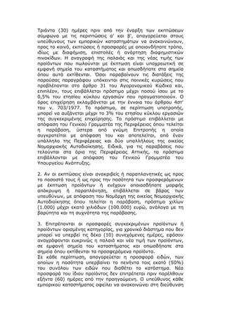Τριάντα (30) ημέρες πριν από την έναρξη των εκπτώσεων
σύμφωνα με τις περιπτώσεις α' και β', απαγορεύεται στους
υπεύθυνους των εμπορικών καταστημάτων να ανακοινώνουν,
προς το κοινό, εκπτώσεις ή προσφορές με οποιονδήποτε τρόπο,
ιδίως με διαφήμιση, επιστολές ή ανάρτηση διαφημιστικών
πινακίδων. Η αναγραφή της παλαιάς και της νέας τιμής των
προϊόντων που πωλούνται με έκπτωση είναι υποχρεωτική σε
εμφανή σημεία του καταστήματος και οπωσδήποτε στα σημεία
όπου αυτά εκτίθενται. Όσοι παραβαίνουν τις διατάξεις της
παρούσας παραγράφου υπόκεινται στις ποινικές κυρώσεις που
προβλέπονται στο άρθρο 31 του Αγορανομικού Κώδικα και,
επιπλέον, τους επιβάλλεται πρόστιμο μέχρι ποσού ίσου με το
0,5% του ετησίου κύκλου εργασιών που πραγματοποιούν. Ο
όρος επιχείρηση εκλαμβάνεται με την έννοια του άρθρου 4στ'
του ν. 703/1977. Το πρόστιμο, σε περίπτωση υποτροπής,
μπορεί να αυξάνεται μέχρι το 3% του ετησίου κύκλου εργασιών
της συγκεκριμένης επιχείρησης. Το πρόστιμο επιβάλλεται με
απόφαση του Γενικού Γραμματέα της Περιφέρειας όπου τελείται
η παράβαση, ύστερα από γνώμη Επιτροπής η οποία
συγκροτείται με απόφαση του και αποτελείται, από έναν
υπάλληλο της Περιφέρειας και δύο υπαλλήλους της οικείας
Νομαρχιακής Αυτοδιοίκησης. Ειδικά, για τις παραβάσεις που
τελούνται στα όρια της Περιφέρειας Αττικής, τα πρόστιμα
επιβάλλονται με απόφαση του Γενικού Γραμματέα του
Υπουργείου Ανάπτυξης.

2. Αν οι εκπτώσεις είναι ανακριβείς ή παραπλανητικές ως προς
το ποσοστό τους ή ως προς την ποσότητα των προσφερόμενων
με έκπτωση προϊόντων ή ενέχουν οποιασδήποτε μορφής
απόκρυψη ή παραπλάνηση, επιβάλλεται σε βάρος των
υπευθύνων, με απόφαση του Νομάρχη της οικείας Νομαρχιακής
Αυτοδιοίκησης όπου τελείται η παράβαση, πρόστιμο χιλίων
(1.000) μέχρι εκατό χιλιάδων (100.000) ευρώ, ανάλογα με τη
βαρύτητα και τη συχνότητα της παράβασης.

3. Επιτρέπονται οι προσφορές συγκεκριμένων προϊόντων ή
προϊόντων ορισμένης κατηγορίας, για χρονικό διάστημα που δεν
μπορεί να υπερβεί τις δέκα (10) συνεχόμενες ημέρες, εφόσον
αναγράφονται ευκρινώς η παλαιά και νέα τιμή των προϊόντων,
σε εμφανή σημεία του καταστήματος και οπωσδήποτε στα
σημεία όπου εκτίθενται τα προσφερόμενα προϊόντα.
Σε κάθε περίπτωση, απαγορεύεται η προσφορά ειδών, των
οποίων η ποσότητα υπερβαίνει το πενήντα τοις εκατό (50%)
του συνόλου των ειδών που διαθέτει το κατάστημα. Νέα
προσφορά του ίδιου προϊόντος δεν επιτρέπεται πριν παρέλθουν
εξήντα (60) ημέρες από την προηγούμενη. Ο υπεύθυνος κάθε
εμπορικού καταστήματος οφείλει να ανακοινώνει στη διεύθυνση
 