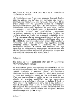 Στο άρθρο 26 του ν. 1514/1985 (ΦΕΚ 13 Α') προστίθεται
παράγραφος 6 ως εξής:

«6. Υπάλληλοι μόνιμοι ή με σχέση εργασίας ιδιωτικού δικαίου
αορίστου χρόνου, που ανήκουν στην κατηγορία του τεχνικού
επιστημονικού προσωπικού, κατά την έννοια του άρθρου 20, οι
οποίοι υπηρετούσαν στα ερευνητικά κέντρα και ανεξάρτητα
ερευνητικά ινστιστούτα μέχρι την 31.12.2004 και είναι κάτοχοι
διδακτορικού διπλώματος, κρίνονται μια μόνο φορά, ύστερα
από αίτηση τους, από τις ειδικές επιτροπές κρίσεων των οικείων
ερευνητικών     κέντρων     και    ανεξάρτητων    ερευνητικών
ινστιτούτων, σύμφωνα με τα προβλεπόμενα στις διατάξεις του
παρόντος νόμου, για ένταξη τους σε μια από τις βαθμίδες Α', Β',
Γ' ή Δ' των ερευνητών, σε προσωποπαγή θέση. Οι αιτήσεις που
αναφέρονται στο προηγούμενο εδάφιο υποβάλλονται μέχρι την
31.12.2005. Σε ερευνητικά κέντρα των οποίων θέση Διευθυντή
ινστιτούτου είναι κενή, εισηγητής της αρμόδιας ειδικής
επιτροπής κρίσεων ορίζεται ο Διευθυντής του οικείου
ερευνητικού κέντρου. Η δαπάνη που απαιτείται από την
εφαρμογή της προηγούμενης παραγράφου καλύπτεται από τον
τακτικό προϋπολογισμό των οικείων ερευνητικών κέντρων και
των ανεξάρτητων ερευνητικών ινστιτούτων.»


Αρθρο 26

Στο άρθρο 15 του ν. 3205/2003 (ΦΕΚ 297 Α') προστίθεται
πέμπτη παράγραφος ως εξής:

«5. Ο συνολικός χρόνος προϋπηρεσίας των υπαλλήλων και του
ερευνητικού προσωπικού, που υπηρέτησαν με σχέση ιδιωτικού
δικαίου, ορισμένου ή αορίστου χρόνου, στο Ινστιτούτο
Θαλάσσιας Βιολογίας Κρήτης (Ι.ΘΑ.ΒΙ.Κ.) λογίζεται ως δημόσια
υπηρεσία και λαμβάνεται υπόψη για τον υπολογισμό και τη
λήψη του χρονοεπιδόματος, καθώς και για την κατάταξη και
εξέλιξη των ανωτέρω υπαλλήλων και του ερευνητικού
προσωπικού στα μισθολογικά κλιμάκια του άρθρου 3. Κατά τα
λοιπά ισχύουν τα προβλεπόμενα στην παρ. 2 του άρθρου 34
του π.δ. 164/2003 (ΦΕΚ 131 Α'). Η δαπάνη που απαιτείται για
την εφαρμογή του προηγούμενου εδαφίου καλύπτεται από τον
εγκεκριμένο τακτικό προϋπολογισμό του Ελληνικού Κέντρου
Θαλασσίων Ερευνών (ΕΛ.ΚΕ.Θ.Ε.).»


Αρθρο 27
 