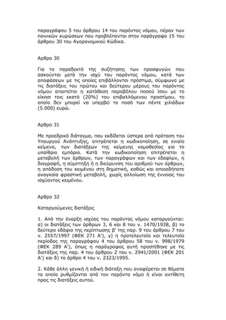 παραγράφου 5 του άρθρου 14 του παρόντος νόμου, πέραν των
ποινικών κυρώσεων που προβλέπονται στην παράγραφο 15 του
άρθρου 30 του Αγορανομικού Κώδικα.


Αρθρο 30

Για το παραδεκτό της συζήτησης των προσφυγών που
ασκούνται μετά την ισχύ του παρόντος νόμου, κατά των
αποφάσεων με τις οποίες επιβάλλονται πρόστιμα, σύμφωνα με
τις διατάξεις του πρώτου και δεύτερου μέρους του παρόντος
νόμου απαιτείται η κατάθεση παραβόλου ποσού ίσου με το
είκοσι τοις εκατό (20%) του επιβαλλόμενου προστίμου, το
οποίο δεν μπορεί να υπερβεί το ποσό των πέντε χιλιάδων
(5.000) ευρώ.


Αρθρο 31

Με προεδρικό διάταγμα, που εκδίδεται ύστερα από πρόταση του
Υπουργού Ανάπτυξης, επιτρέπεται η κωδικοποίηση, σε ενιαίο
κείμενο, των διατάξεων της κείμενης νομοθεσίας για το
υπαίθριο εμπόριο. Κατά την κωδικοποίηση επιτρέπεται η
μεταβολή των άρθρων, των παραγράφων και των εδαφίων, η
διαγραφή, η σύμπτηξη ή η διεύρυνση του αριθμού των άρθρων,
η απόδοση του κειμένου στη δημοτική, καθώς και οποιαδήποτε
αναγκαία φραστική μεταβολή, χωρίς αλλοίωση της έννοιας του
ισχύοντος κειμένου.


Αρθρο 32

Καταργούμενες διατάξεις

1. Από την έναρξη ισχύος του παρόντος νόμου καταργούνται:
α) οι διατάξεις των άρθρων 3, 6 και 8 του ν. 1470/1938, β) το
δεύτερο εδάφιο της περίπτωσης β' της παρ. 9 του άρθρου 7 του
ν. 2557/1997 (ΦΕΚ 271 Α'), γ) η προτελευταία και τελευταία
περίοδος της παραγράφου 4 του άρθρου 58 του ν. 998/1979
(ΦΕΚ 289 Α'), όπως η παράγραφος αυτή προστέθηκε με τις
διατάξεις της παρ. 4 του άρθρου 2 του ν. 2941/2001 (ΦΕΚ 201
Α') και δ) το άρθρο 4 του ν. 2323/1995.

2. Κάθε άλλη γενική ή ειδική διάταξη που αναφέρεται σε θέματα
τα οποία ρυθμίζονται από τον παρόντα νόμο ή είναι αντίθετη
προς τις διατάξεις αυτού.
 