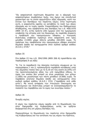 "Ως ασφαλιστική περίπτωση θεωρείται και η εξαγορά των
ασφαλιστηρίων συμβολαίων ζωής, που έχουν και επενδυτικό
χαρακτήρα και τα οποία σχηματίζουν αξίες εξαγοράς, κατά την
έννοια των διατάξεων του παρόντος νόμου. Στην περίπτωση
αυτή, ο ασφαλιστής οφείλει να καταβάλει το ποσό των αξιών
εξαγοράς και το τυχόν προϊόν Υπεραπόδοσης του Μαθηματικού
Αποθέματος, που προβλέπεται στις διατάξεις του ν.δ. 400/1970
(ΦΕΚ 10 Α'), εντός τριάντα (30) ημερών από την ημερομηνία
υποβολής της αίτησης από τον δικαιούχο. Αν παρέλθει άπρακτη
η προθεσμία του προηγούμενου εδαφίου, ο Υπουργός
Ανάπτυξης επιβάλλει πρόστιμο στον ασφαλιστή από τρεις
χιλιάδες (3.000) μέχρι εξήντα χιλιάδες (60.000) ευρώ. Το
πρόστιμο που προβλέπεται στο προηγούμενο εδάφιο αποτελεί
δημόσιο έσοδο και καταχωρείται στον κωδικό αριθμό εσόδου
(Κ.Α.Ε.) 3739."


Αρθρο 35

Στο άρθρο 15 του π.δ. 394/1996 (ΦΕΚ 266 Α) προστίθεται νέα
παράγραφος 6 ως εξής:

"6. Για το παραδεκτό της άσκησης ένστασης σύμφωνα με τις
παραγράφους 1 και 2, προσκομίζεται παράβολο κατάθεσης υπέρ
του Δημοσίου ποσού ίσου με το 0,10 επί τοις εκατό (0,10%) επί
της προϋπολογισμένης αξίας του υπό προμήθεια είδους, το
ύψος του οποίου δεν μπορεί να είναι μικρότερο των χιλίων
(1.000) και μεγαλύτερο των πέντε χιλιάδων (5.000) ευρώ. Το
παράβολο αποτελεί δημόσιο έσοδο και καταχωρείται στον
κωδικό αριθμό εσόδου (Κ.Α.Ε.) 3741 ("παράβολα από κάθε
αιτία"). Με κοινή απόφαση των Υπουργών Οικονομίας και
Οικονομικών και Ανάπτυξης μπορεί να αναπροσαρμόζονται το
ποσοστό του παραβόλου και το ύψος των ανωτέρω ποσών."


Αρθρο 36

Έναρξη ισχύος

Η ισχύς του παρόντος νόμου αρχίζει από τη δημοσίευση του
στην Εφημερίδα της Κυβερνήσεως, εκτός αν ορίζεται
διαφορετικά στις επί μέρους διατάξεις του.

Παραγγέλλομε τη δημοσίευση του παρόντος στην Εφημερίδα
της Κυβερνήσεως και την εκτέλεση του ως νόμου του Κράτους.
 