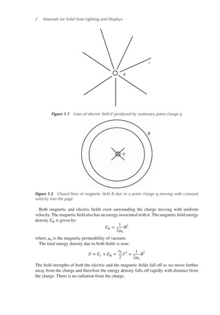2 Materials for Solid State Lighting and Displays
ε
q
Figure 1.1 Lines of electric ﬁeld  produced by stationary point charge q
q
B
Figure 1.2 Closed lines of magnetic ﬁeld B due to a point charge q moving with constant
velocity into the page
Both magnetic and electric fields exist surrounding the charge moving with uniform
velocity. The magnetic field also has an energy associated with it. The magnetic field energy
density EB is given by:
EB =
1
2𝜇0
B2
where 𝜇0 is the magnetic permeability of vacuum.
The total energy density due to both fields is now:
E = E𝜀 + EB =
𝜖0
2
2
+
1
2𝜇0
B2
The field strengths of both the electric and the magnetic fields fall off as we move further
away from the charge and therefore the energy density falls off rapidly with distance from
the charge. There is no radiation from the charge.
 